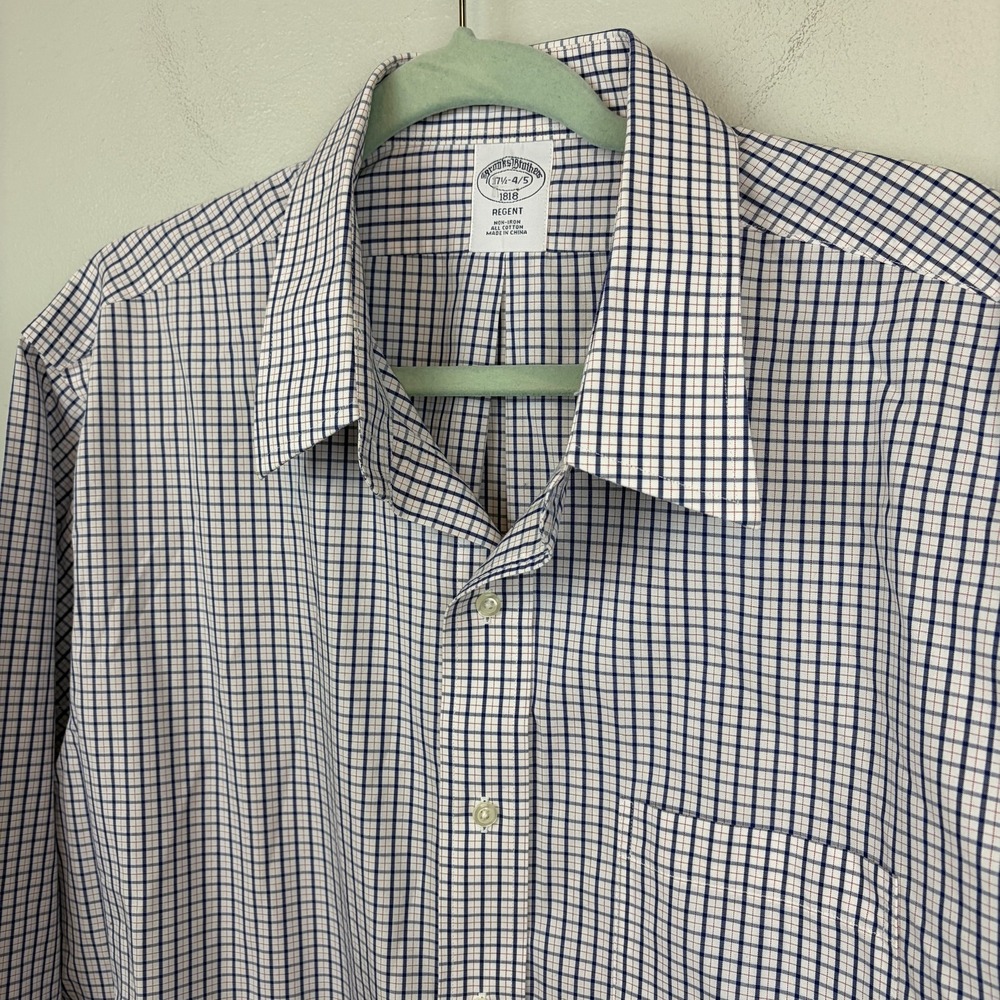 Brooks Brothers Dress Shirt Mens 17.5 34/35 Blue Check Slim Fit Non Iron Cotton